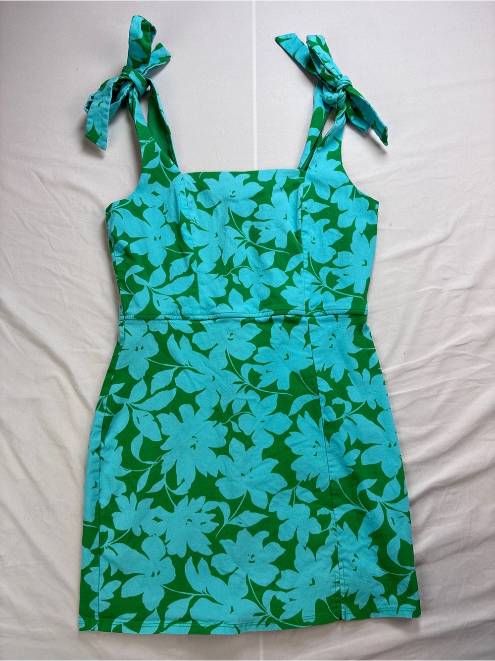 Trixxi Aqua & Green Floral Tie-Shoulder Mini Dress Beach Vacation Boat Festival